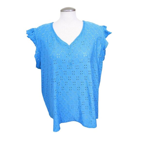 Womens Plus Size 3X Eyelet Flutter Short Sleeve Top Blouse Aqua Blue Feminine - Picture 1 of 7